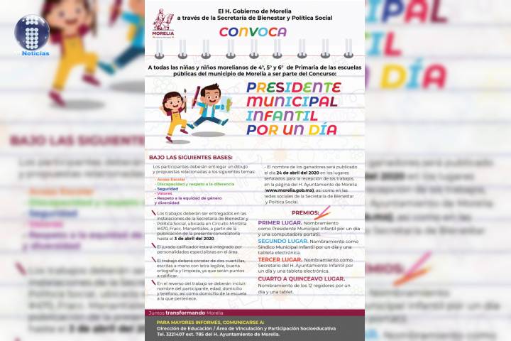 Convoca Gobierno de Morelia al concurso "Presidente Municipal Infantil por un día"